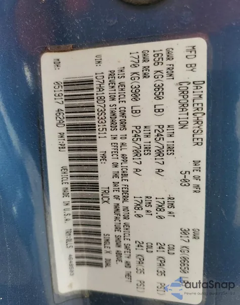 2003 Dodge Ram 1500 St from USA, damaged, VIN 1D7HA18D73S331511